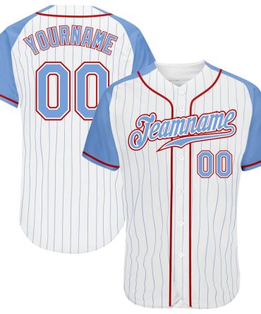 Custom White Light Blue Pinstripe Light Blue-Red Raglan Sleeves Baseball Jersey, Gift For Baseball Fans