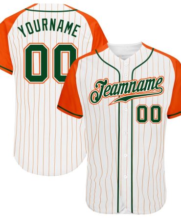 Custom White Orange Pinstripe Green-Orange Raglan Sleeves Baseball Jersey, Gift For Baseball Fans
