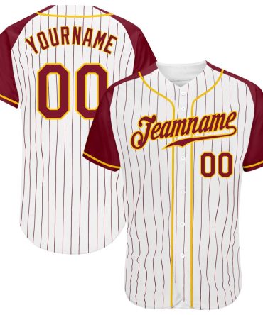 Custom White Crimson Pinstripe Crimson-Gold Raglan Sleeves Baseball Jersey, Gift For Baseball Fans