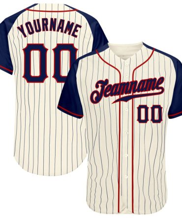 Custom Cream Navy Pinstripe Navy-Red Raglan Sleeves Baseball Jersey, Gift For Baseball Fans