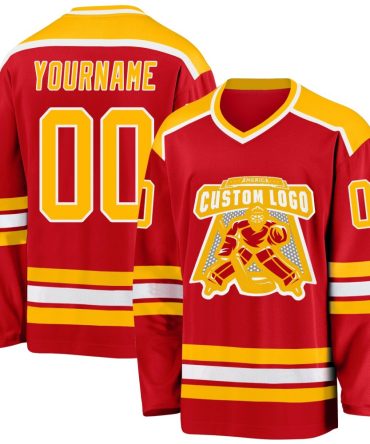 Custom Red Gold-White Hockey Jersey, Gift For Hockey Fans