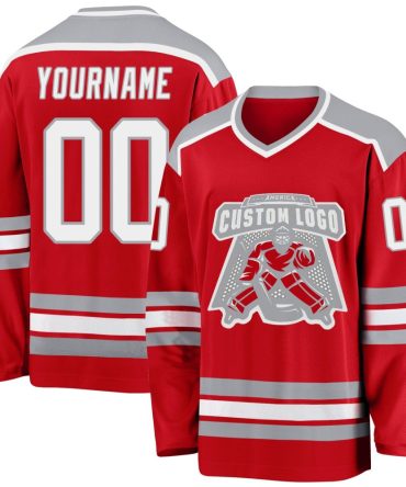 Custom Red White-Gray Hockey Jersey, Gift For Hockey Fans