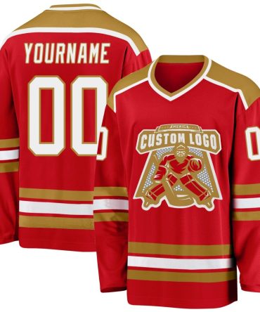 Custom Red White-Old Gold Hockey Jersey, Gift For Hockey Fans