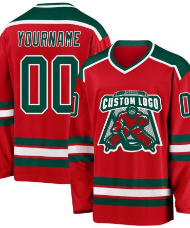 Custom Red Green-White Hockey Jersey, Gift For Hockey Fans