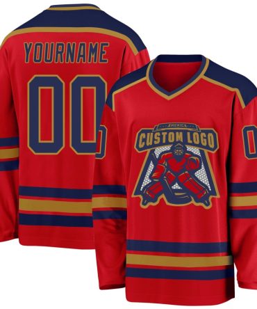 Custom Red Navy-Old Gold Hockey Jersey, Gift For Hockey Fans
