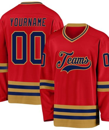 Custom Red Navy-Old Gold Hockey Jersey, Gift For Hockey Fans