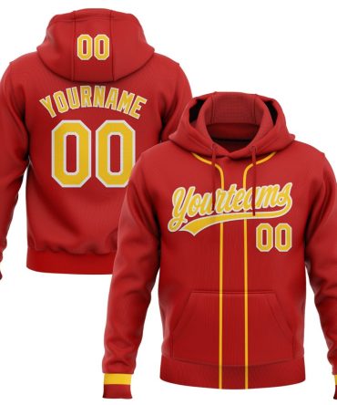 Custom Red Yellow-White Baseball Pullover Sweatshirt Hoodie, Gift For Football, Baseball, Hockey, Basketball, Softball & Rugby Fans