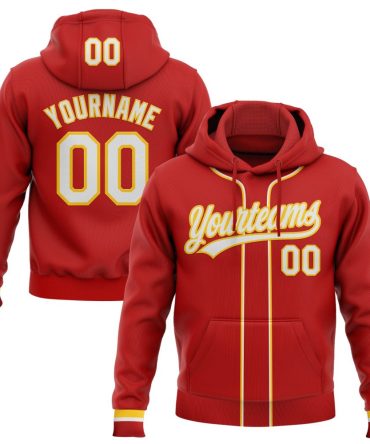 Custom Red White-Yellow Baseball Pullover Sweatshirt Hoodie, Gift For Football, Baseball, Hockey, Basketball, Softball & Rugby Fans