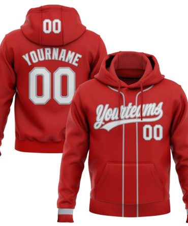 Custom Red White-Gray Baseball Pullover Sweatshirt Hoodie, Gift For Football, Baseball, Hockey, Basketball, Softball & Rugby Fans