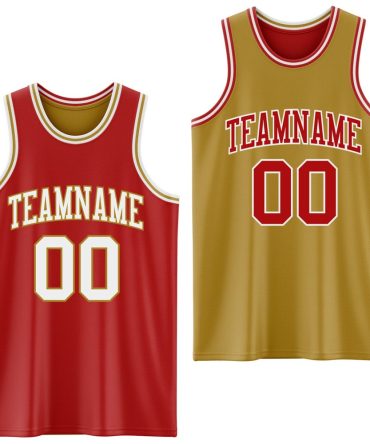 Custom Red White-Old Gold Reversible Double Side Basketball Jersey, Gift For Basketball Fans