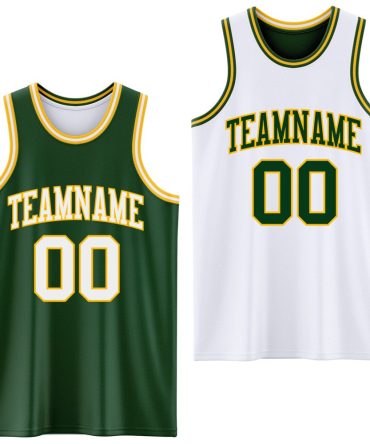 Custom Reversible Green White-Gold Double Side Basketball Jersey, Gift For Basketball Fans