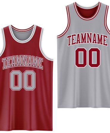 Custom Reversible Maroon Gray-White Double Side Basketball Jersey, Gift For Basketball Fans