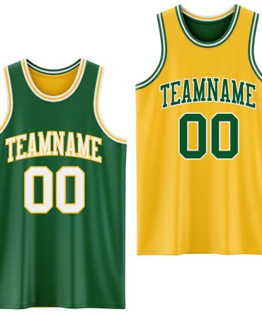 Custom Reversible Kelly Green White-Gold Double Side Basketball Jersey, Gift For Basketball Fans