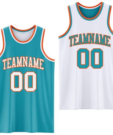 Custom Reversible Teal White-Orange Double Side Basketball Jersey, Gift For Basketball Fans