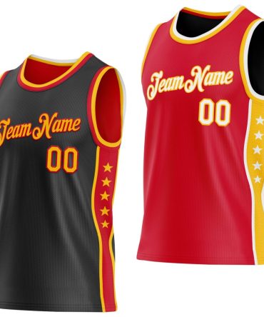 Custom Reversible Black Gold-Red Double Side Star Basketball Jersey, Gift For Basketball Fans