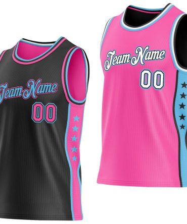 Custom Reversible Black Pink-Sky Blue Double Side Star Basketball Jersey, Gift For Basketball Fans