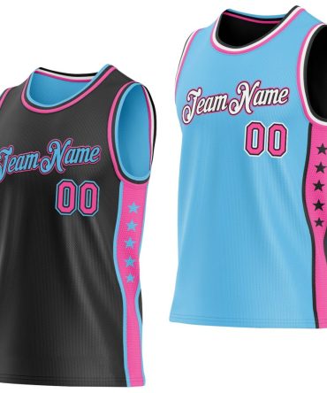 Custom Reversible Black Pink-Sky Blue Double Side Star Basketball Jersey, Gift For Basketball Fans