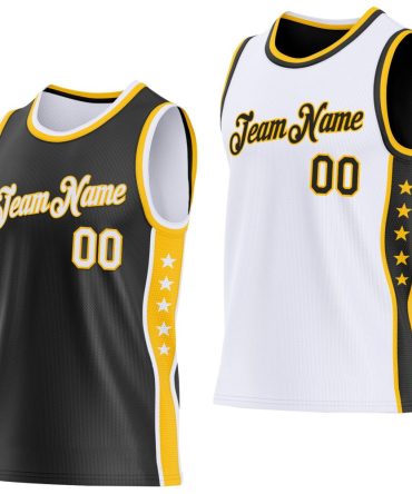 Custom Reversible Black White-Gold Double Side Star Basketball Jersey, Gift For Basketball Fans