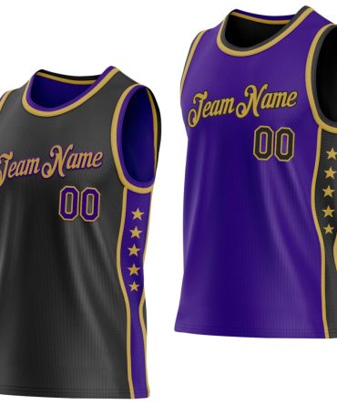 Custom Reversible Black Purple-Old Gold Double Side Star Basketball Jersey, Gift For Basketball Fans