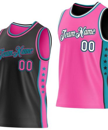 Custom Reversible Black Pink-Teal Double Side Star Basketball Jersey, Gift For Basketball Fans