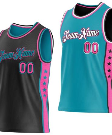 Custom Reversible Black Pink-Teal Double Side Star Basketball Jersey, Gift For Basketball Fans