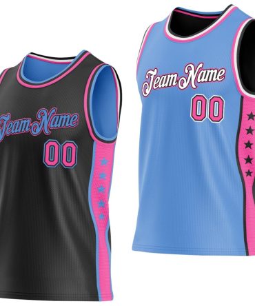 Custom Reversible Black Pink-Lakes Blue Double Side Star Basketball Jersey, Gift For Basketball Fans