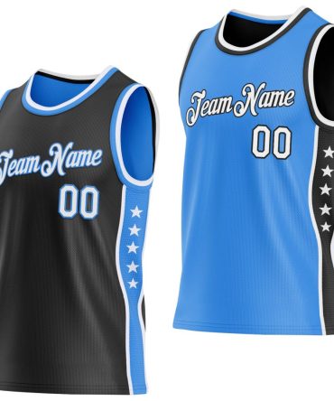 Custom Reversible Black White-Powder Blue Double Side Star Basketball Jersey, Gift For Basketball Fans