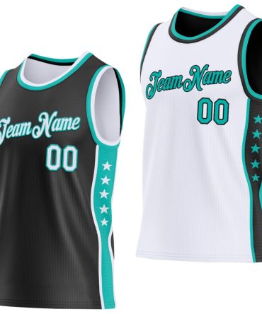 Custom Reversible Black White-Aqua Double Side Star Basketball Jersey, Gift For Basketball Fans