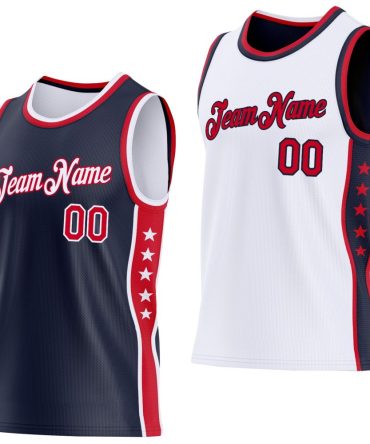 Custom Reversible Navy Red-White Double Side Star Basketball Jersey, Gift For Basketball Fans