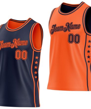 Custom Reversible Navy Orange Double Side Star Basketball Jersey, Gift For Basketball Fans