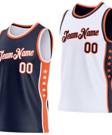 Custom Reversible Navy White-Orange Double Side Star Basketball Jersey, Gift For Basketball Fans