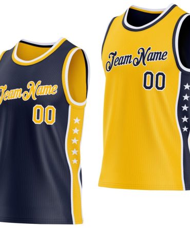 Custom Reversible Navy Gold-White Double Side Star Basketball Jersey, Gift For Basketball Fans
