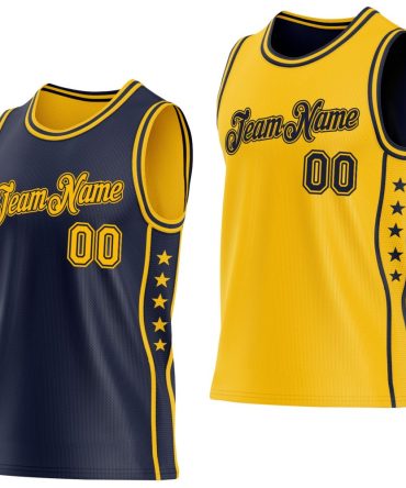 Custom Reversible Navy Gold Double Side Star Basketball Jersey, Gift For Basketball Fans
