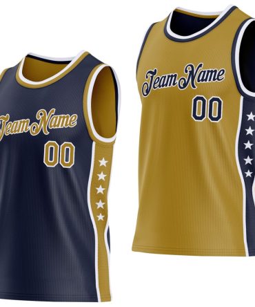 Custom Reversible Navy Old Gold-White Double Side Star Basketball Jersey, Gift For Basketball Fans