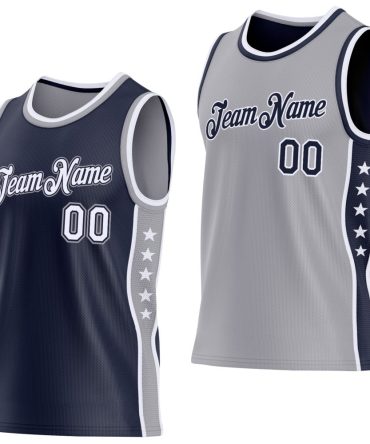 Custom Reversible Navy White-Gray Double Side Star Basketball Jersey, Gift For Basketball Fans
