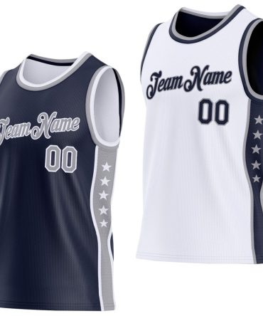 Custom Reversible Navy Gray-White Double Side Star Basketball Jersey, Gift For Basketball Fans