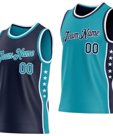 Custom Reversible Navy Teal-White Double Side Star Basketball Jersey, Gift For Basketball Fans