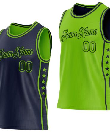 Custom Reversible Navy Neon Green Double Side Star Basketball Jersey, Gift For Basketball Fans