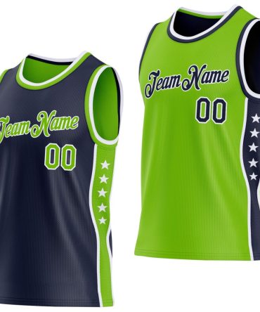 Custom Reversible Navy Neon Green-White Double Side Star Basketball Jersey, Gift For Basketball Fans