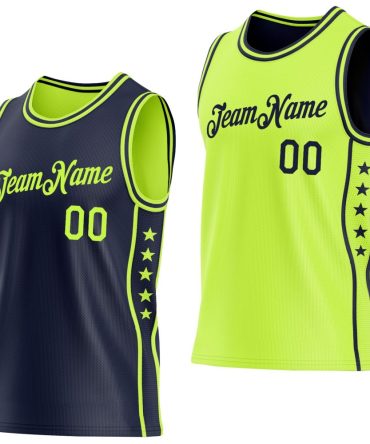 Custom Reversible Navy Neon Green Double Side Star Basketball Jersey, Gift For Basketball Fans