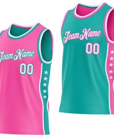 Custom Reversible Pink White-Aqua Double Side Star Basketball Jersey, Gift For Basketball Fans