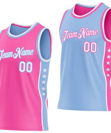 Custom Reversible Pink White-Light Blue Double Side Star Basketball Jersey, Gift For Basketball Fans