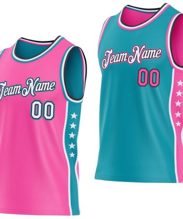Custom Reversible Pink White Teal-Black Double Side Star Basketball Jersey, Gift For Basketball Fans