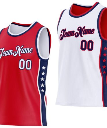 Custom Reversible Red White-Navy Double Side Star Basketball Jersey, Gift For Basketball Fans