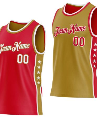 Custom Reversible Red White-Old Gold Double Side Star Basketball Jersey, Gift For Basketball Fans