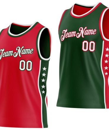 Custom Reversible Red White-Green Double Side Star Basketball Jersey, Gift For Basketball Fans