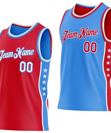 Custom Reversible Red White-Powder Blue Double Side Star Basketball Jersey, Gift For Basketball Fans