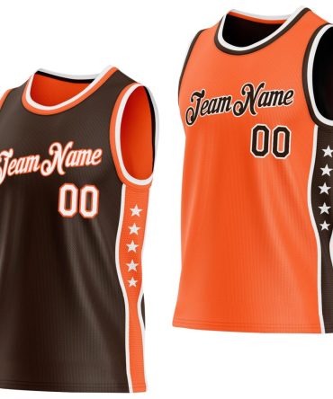 Custom Reversible Brown White-Orange Double Side Star Basketball Jersey, Gift For Basketball Fans