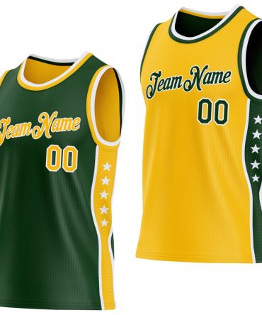 Custom Reversible Green Gold-White Double Side Star Basketball Jersey, Gift For Basketball Fans