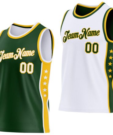 Custom Reversible Green White-Gold Double Side Star Basketball Jersey, Gift For Basketball Fans